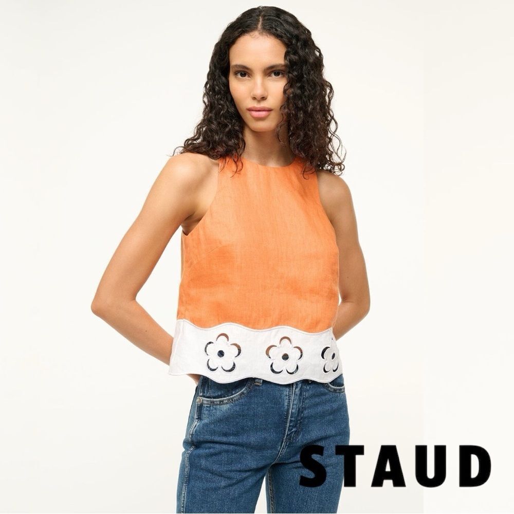 STAUD **NWT** Mika Linen Top in Apricot (Orange) & White - Picture 1 of 16
